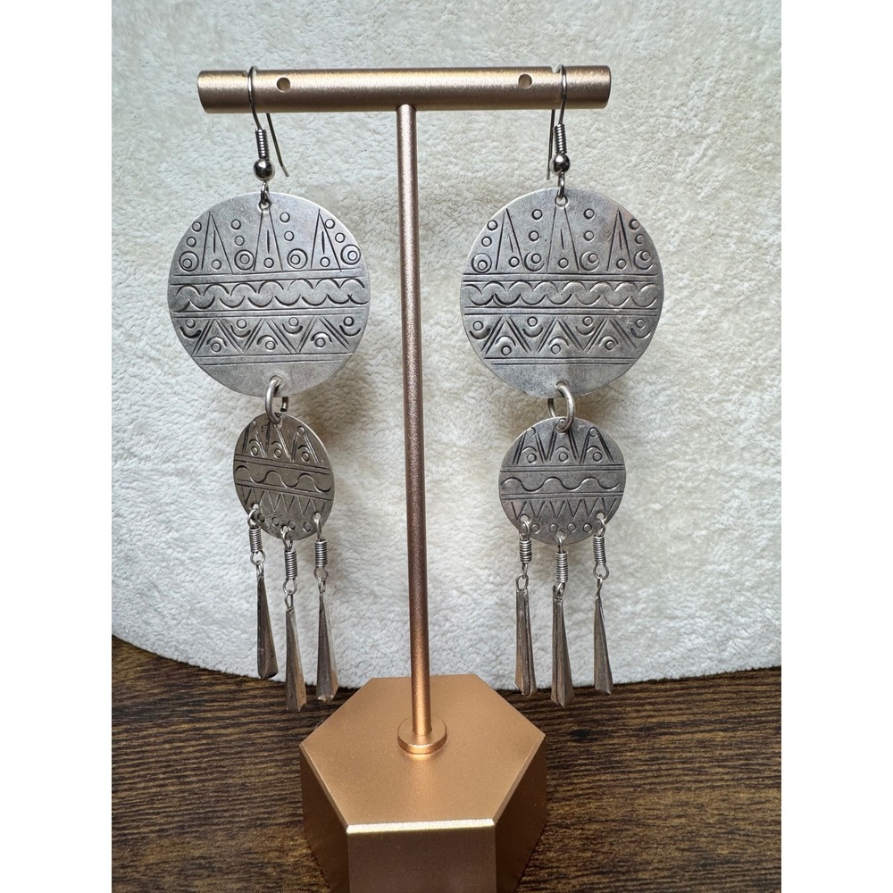 Vintage Tribal Etched Silver Tone Tiered Disc Fringe Drop Earrings 4" Long Boho